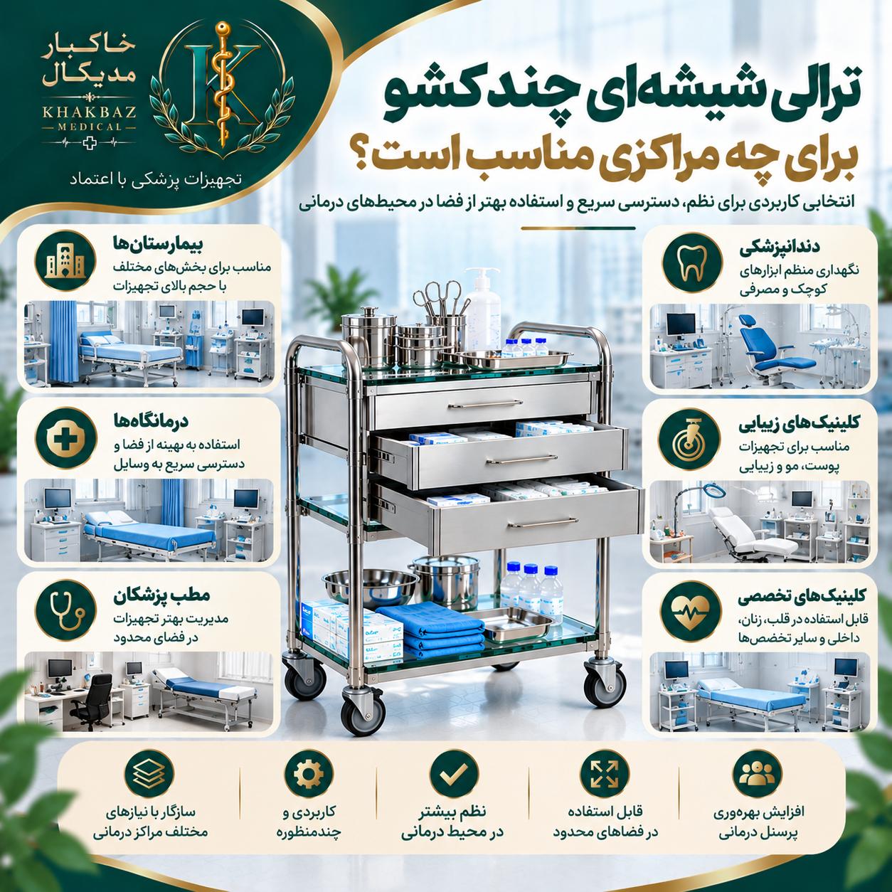 ترالی شیشه‌ای پزشکی چیست و چه کاربردهایی دارد؟ | راهنمای کامل